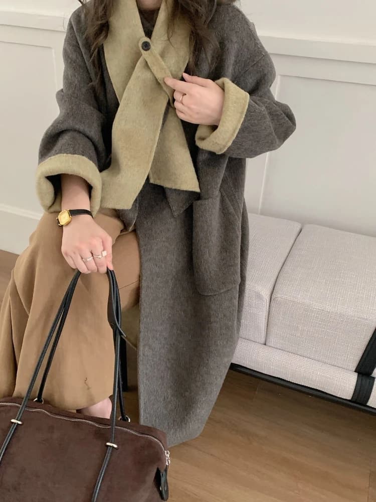 AB Double-face cashmere coat Ins Scarf Design Parka Woman Autumn Winter Long loose Addens Hot wool coat Outwear 2025 New