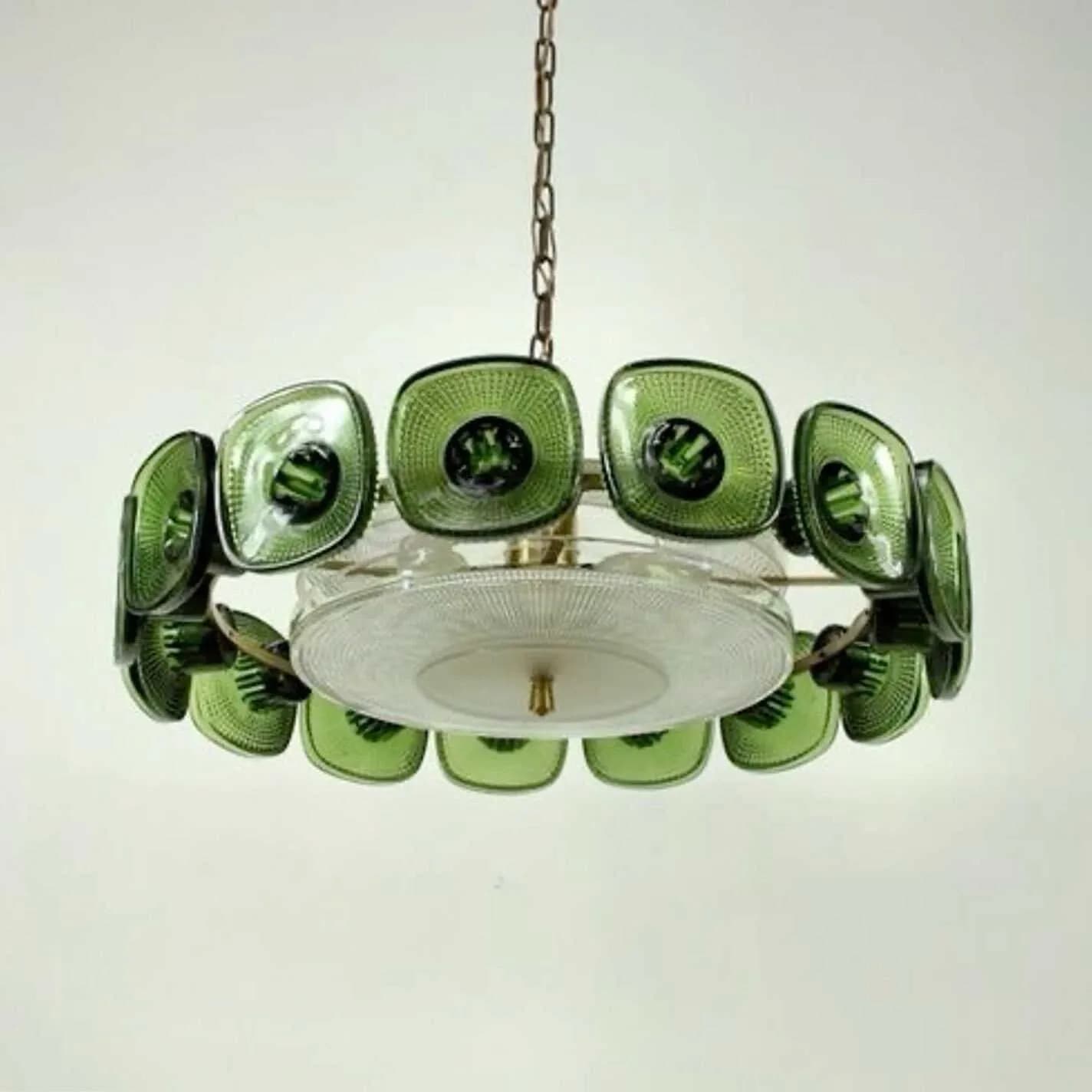 Vistosi Olive‑Green Textured Glass Chandelier Vintage Murano Glass Ring Pendant lamp for Living Room Hotel Restaurant Retro Vill