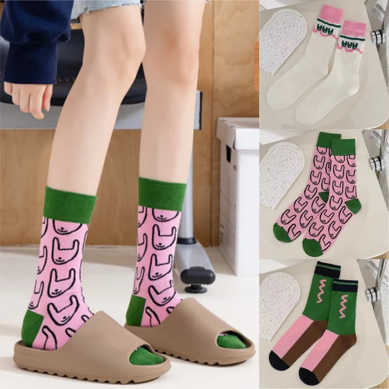 1 3 paia di calzini in cotone Kawaii da donna - Calzini Harajuku rosa verde Stampa astratta di cartoni animati Calzini casual per tutte le stagioni EU 35-40