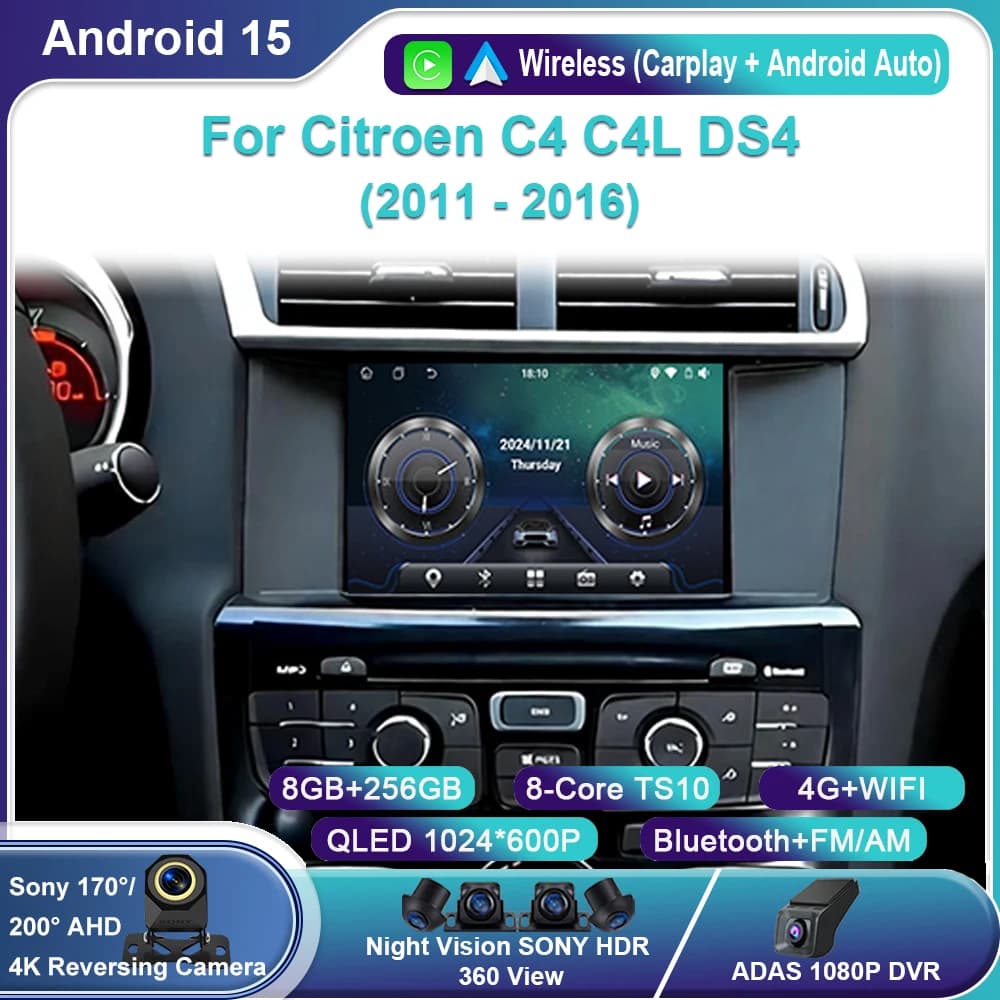 Wireless CarPlay Android15 Per Citroen C4 C4L DS4 2011 2012 - 2016 Auto Autoradio GPS Multimedia Stereo QLED 4G WIFI BT No 2Din