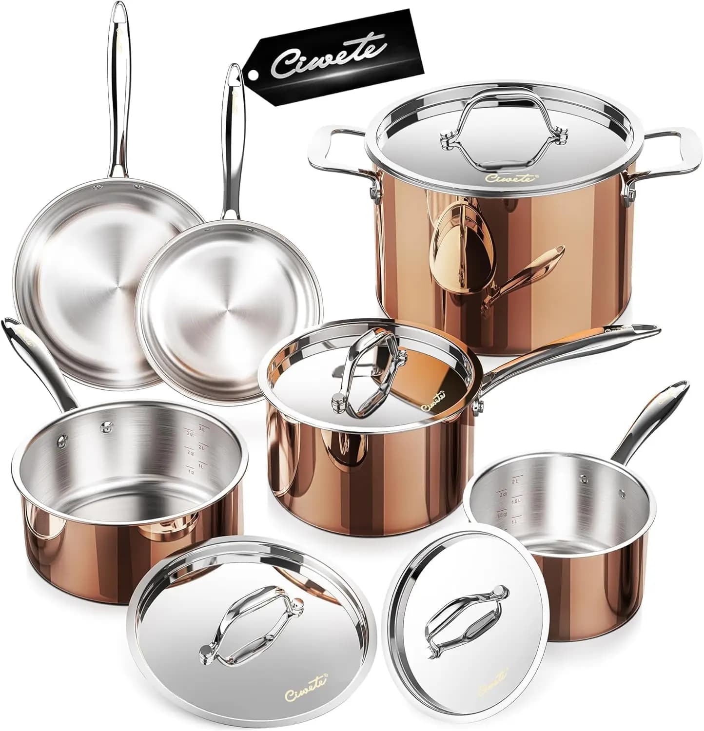 Whole Tri-ply 18/10 Stainless Steel Cookware Set, 10 Pcs Elegant Copper Pots and Pans, Induction Cookware, Frying Pans, Saucepans & Stock Pot with Lid, Ideal Gift for Wedding, Housewarming