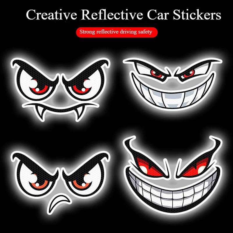 Reflective Motorcycle Stickers Motorbike Helmet Tail Box Tank Fairing Night Safety Warning Devil Smiling Face Eye Cartoon Decals