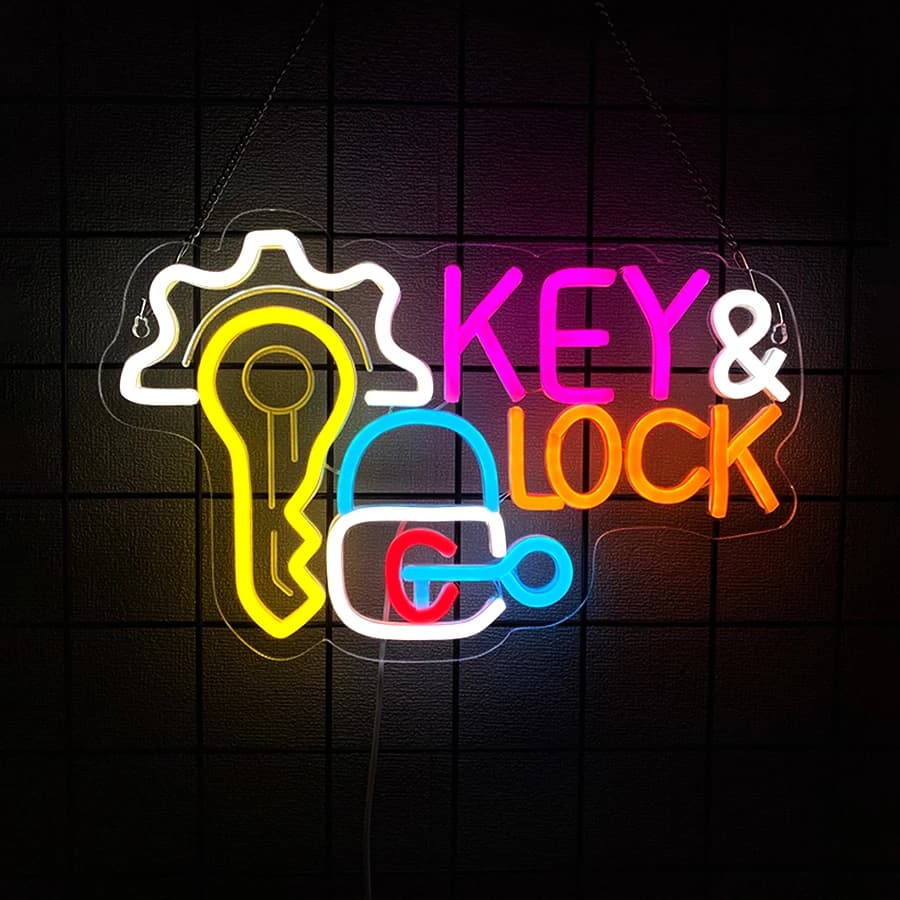 Insegna al neon con chiave e serratura per decorazione da parete, luce al neon a LED USB per fabbro aziendale, negozio di sicurezza, affitto per auto