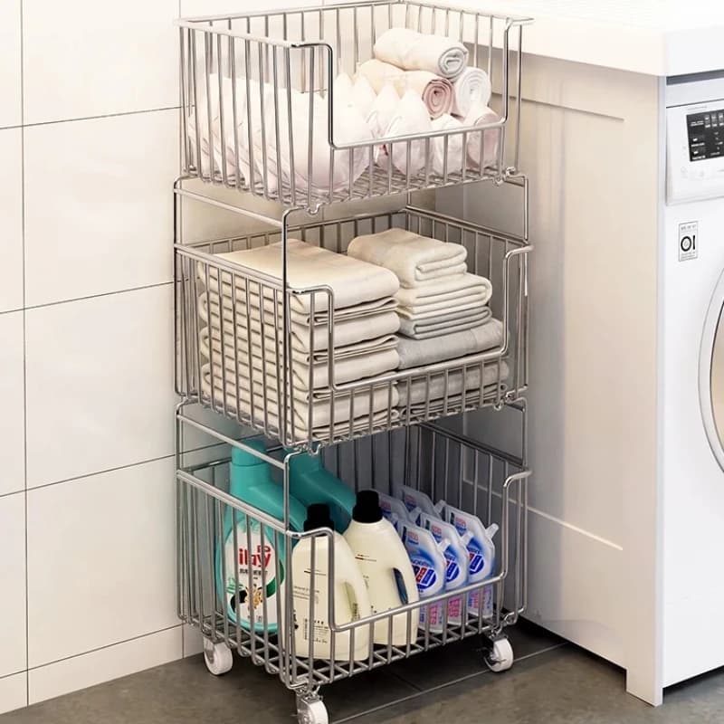 Stainless Steel Storage Basket Multi-compartment Laundry Hamper Rolling Sorting Storage Cart Bathroom Layered Laundry Baskets
