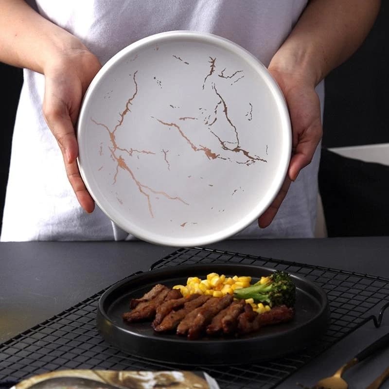 F19B Nordic 8 Inch Marble Ceramic Dish Round Lunch Dinner Plate Porcelain Dessert Steak Pasta Salad Cake Tray