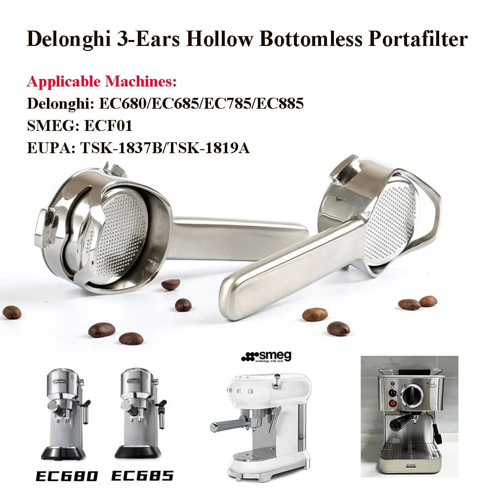 51mm 3-Ears Hollow Bottomless Portafilter For Delonghi EC680/EC685/EC785/EC885 Stainless Steel Coffee Handle With Basket