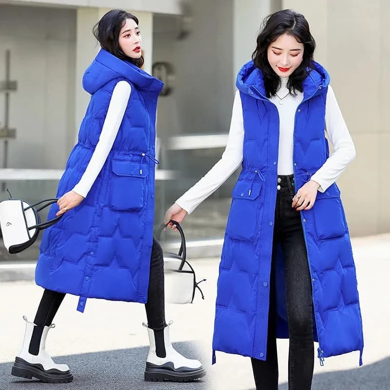 2026 Nuovo Inverno Gilet senza maniche Donna Nero Con cappuccio Lungo Parka Gilet Caldo Cerniera Vestiti Imbottiture Cappotti Parka Tuta sportiva
