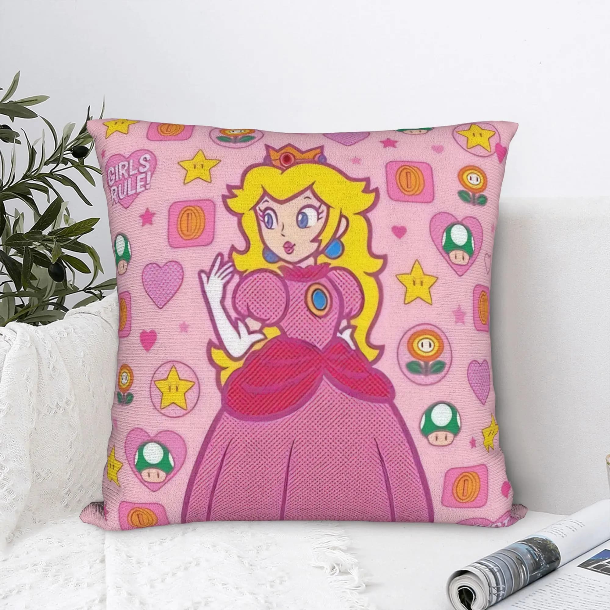 Princess Peach Game square cushion lining in polyester for sofa, super Mario decorative pillowcase, 45x45 cm