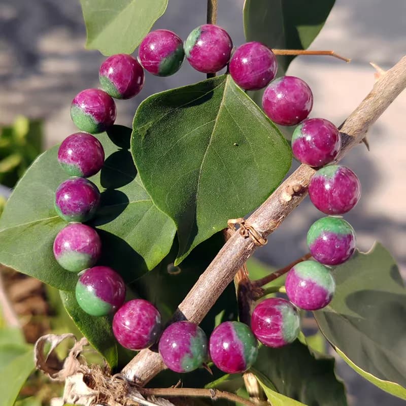 Bracciale con Perle Rotonde di Rubino Rosso Naturale Autentico, Gioiello da Donna con Rubino Zoisite Rosso Verde Anguria, Migliori Gioielli AAAAA