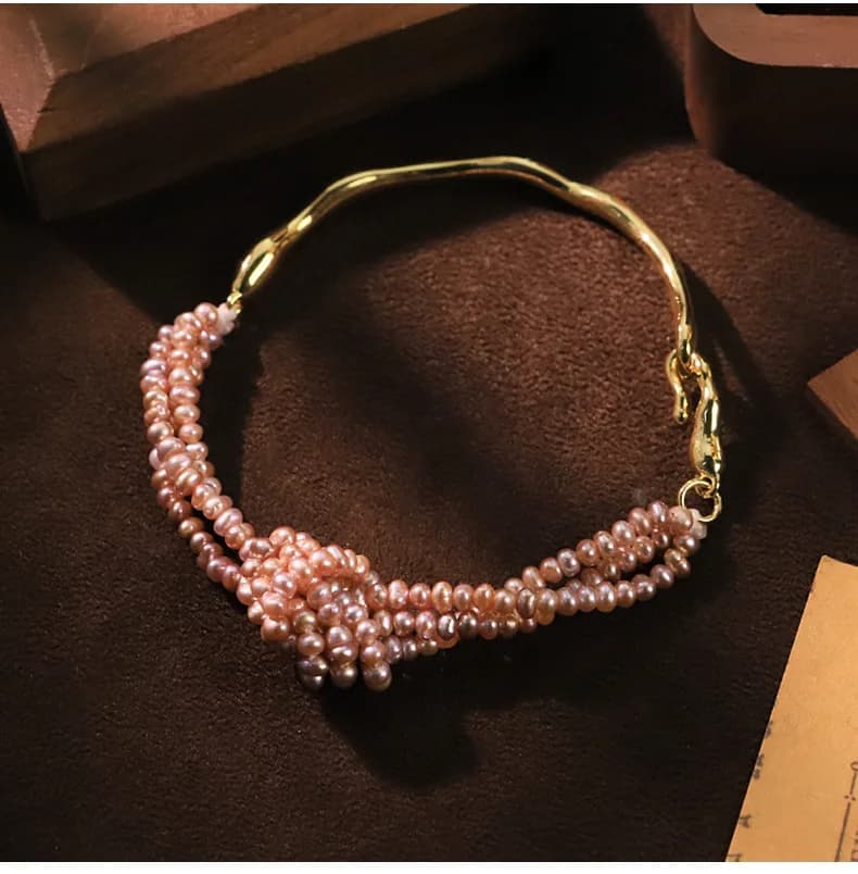 Bracciale con perle naturali viola, design a nodo intrecciato, gioielli da donna in rame placcato oro