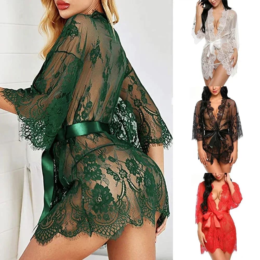 Sexy dress in lace + thong thong forizoma perizoma for woman erotic transparent nightwear lace night shirt Mujer Pornos costumes underwear
