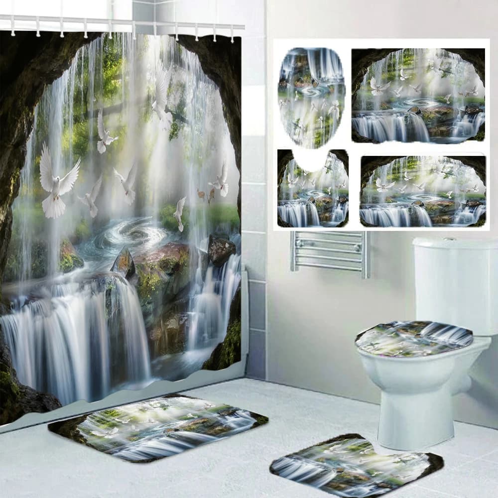 Set di tende da doccia con cascata a forma di ponte 4/1, include decorazione per sedile WC, tappeto e coperchio WC, dimensioni 70,8x70,8 pollici