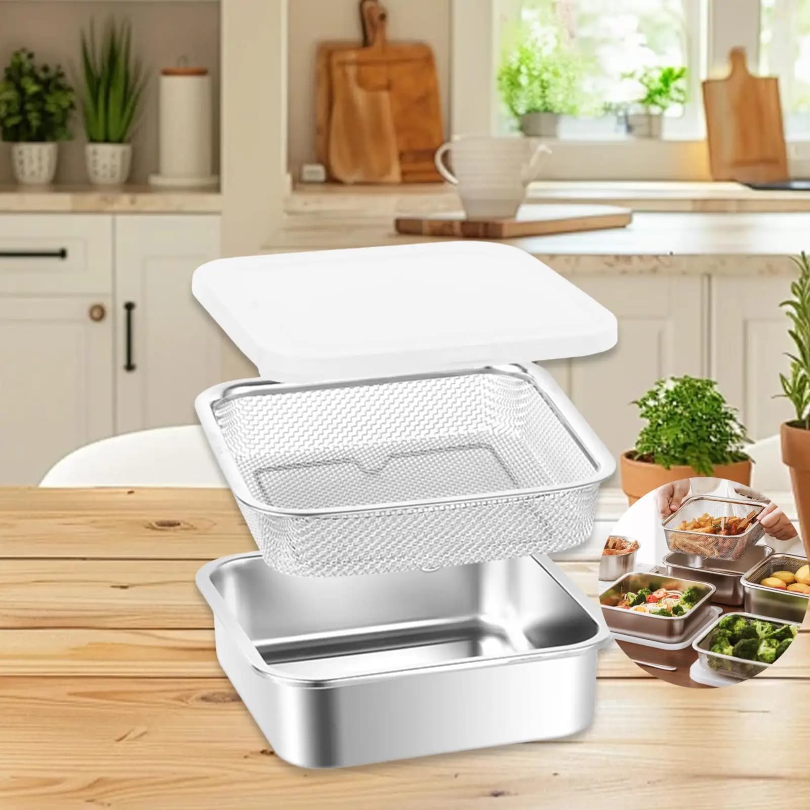 Contenitore Ermetico in Acciaio Inossidabile per Alimenti con Coperchio, Contenitore per Insalata e Lattuga per Frigorifero, Organizer per Preparazione Pasti