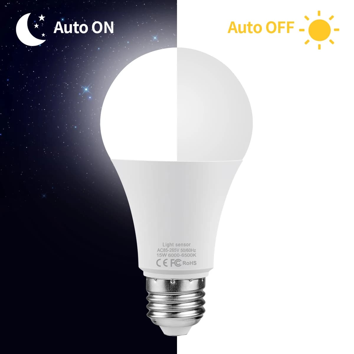 15W E27 LED Dusk to Dawn Lampadina notturna con sensore di luce Lampada intelligente Interruttore ON/OFF automatico Portico Scale Giardino Decorazione della casa