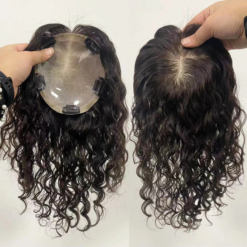 Women's Wet And Corrugated Hair Clips In Silk Topper for Chinese virgin human hair Topper Silk Riccia leather upper breathable scalp