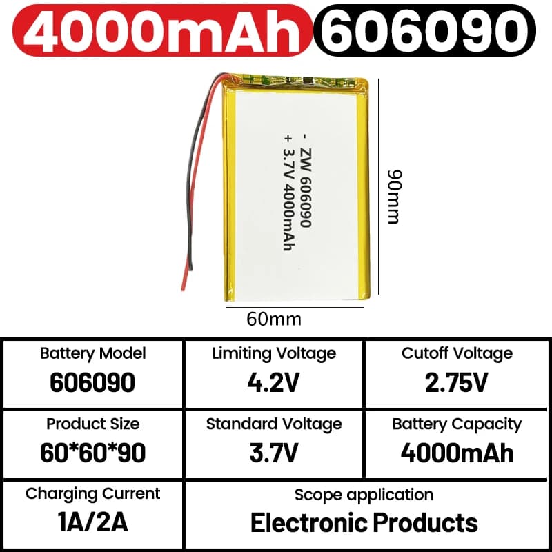 Batteria al Litio Polimero 4000mAh 606090 3.7V per Tastiera Wireless, Serratura Intelligente, Strumenti da Esterno