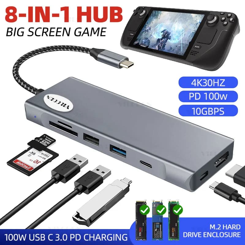 Docking station HUB di tipo C compatibile con l'adattatore M.2 NVMe/SATA SSD HD 4K 60Hz per accessori per console di gioco PC/Steam Deck