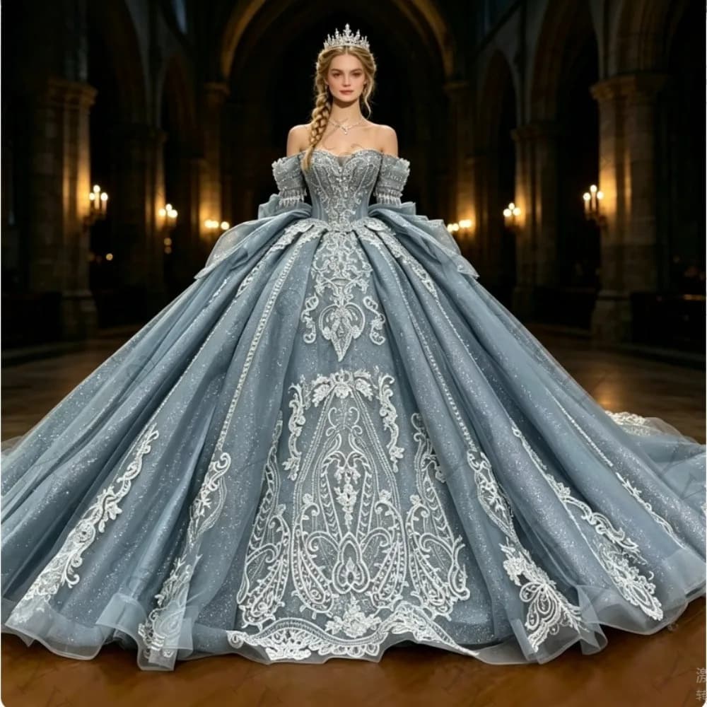 Customized Sea Blue Shiny Quinceanera Dresses Off The Shoulder Sequin Applique Lace Bow Beading Crystal Tull Corset Ball Gown