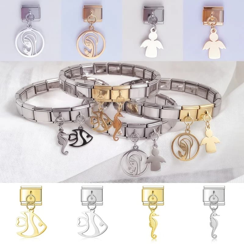 Nuova Vergine Maria Piccolo Angelo Pesce Cavallo di Mare Collegamento Fascino Italiano Bracciale in Acciaio Inossidabile Ciondolo Misura 9mm Gioielli da Donna Fai da Te