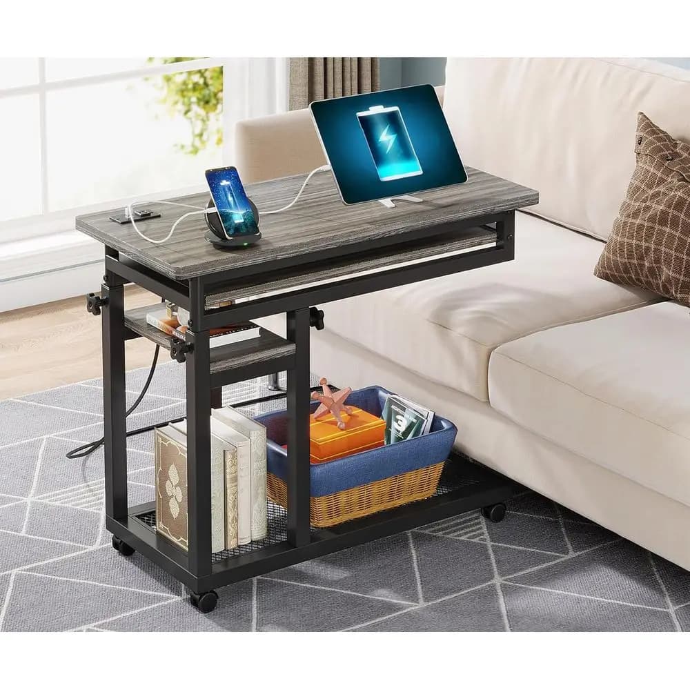 Piccola Scrivania Portatile con Presa di Corrente, Tavolo per Laptop Regolabile in Altezza con Ruote, Scrivania Mobile per Divano o Letto