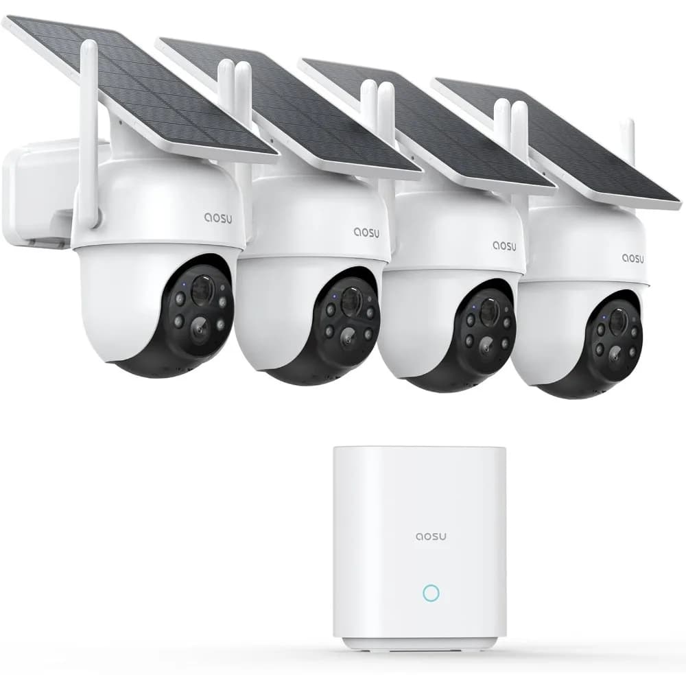 telecamere di sicurezza wireless da esterno, kit 4 cam, senza abbonamenti, ad energia solare, sistema di telecamere di sicurezza domestica con 360 ° vaschetta e inclinazione