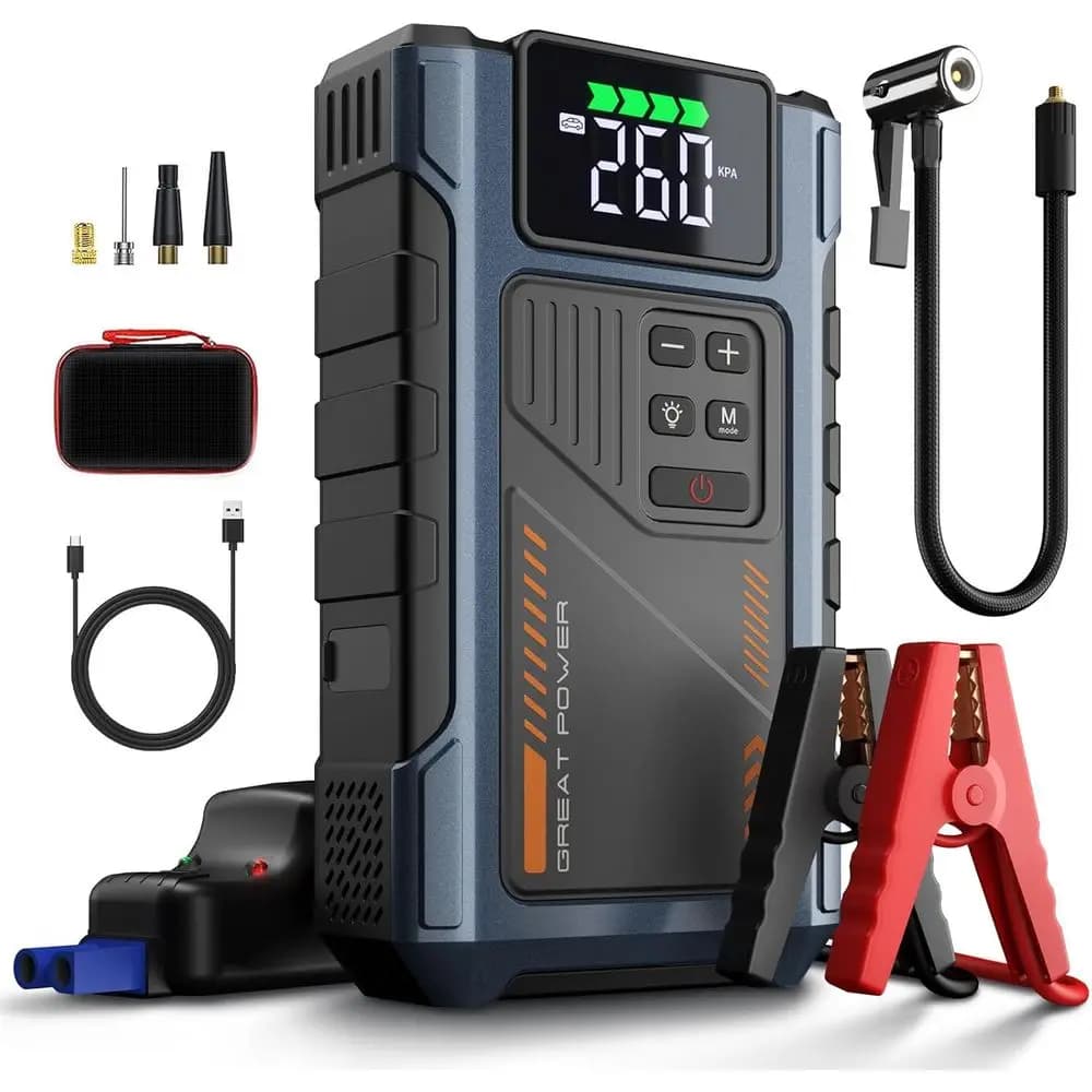 Avviatore di Emergenza Portatile 4500A con Compressore d'Aria, Kit di Avviamento 12V e Gonfiatore Pneumatici 150PSI
