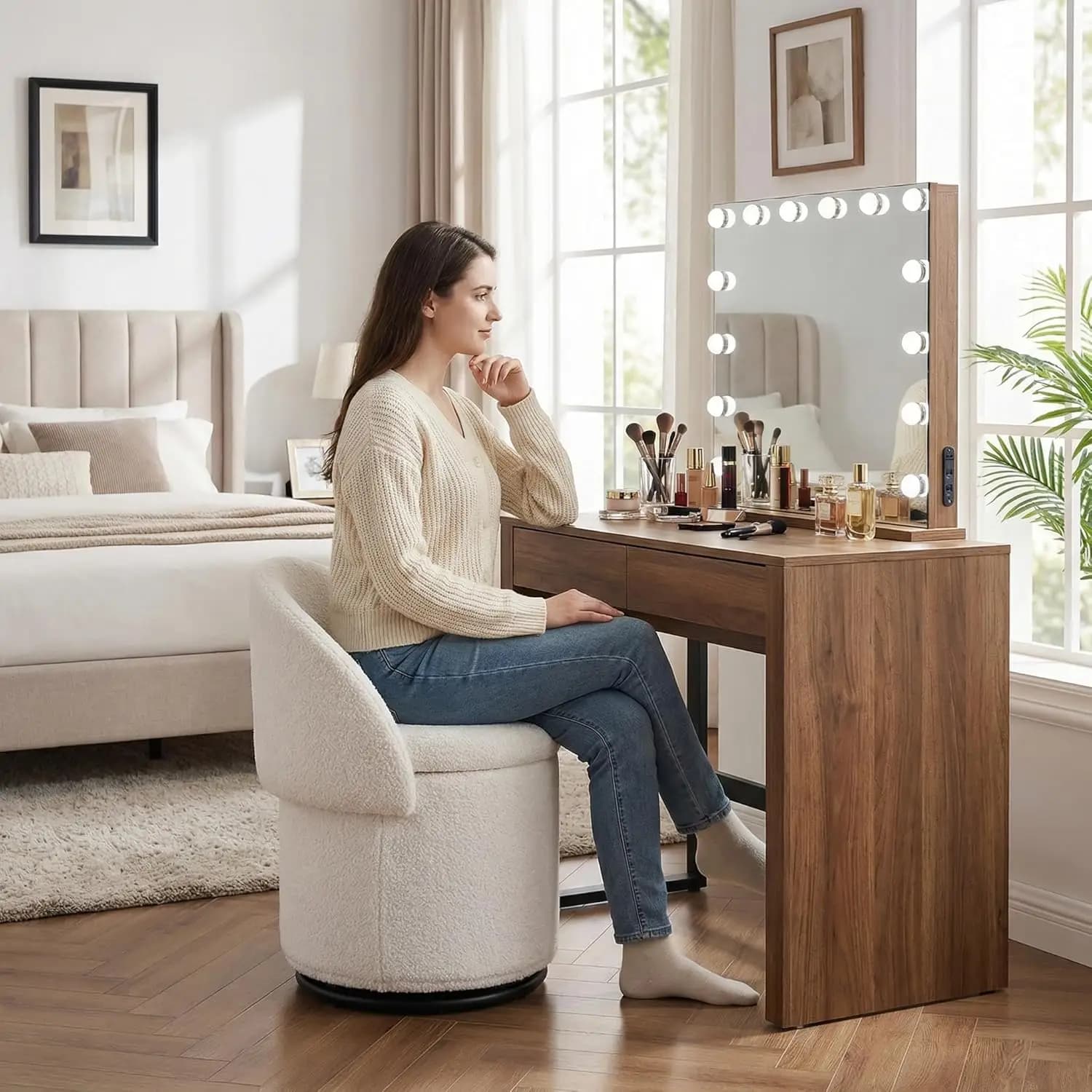 Pouf Girevole Sherpa con Contenitore, Poggiapiedi Cilindrico Pieghevole con Schienale per Soggiorno e Camera da Letto, Personalizzabile