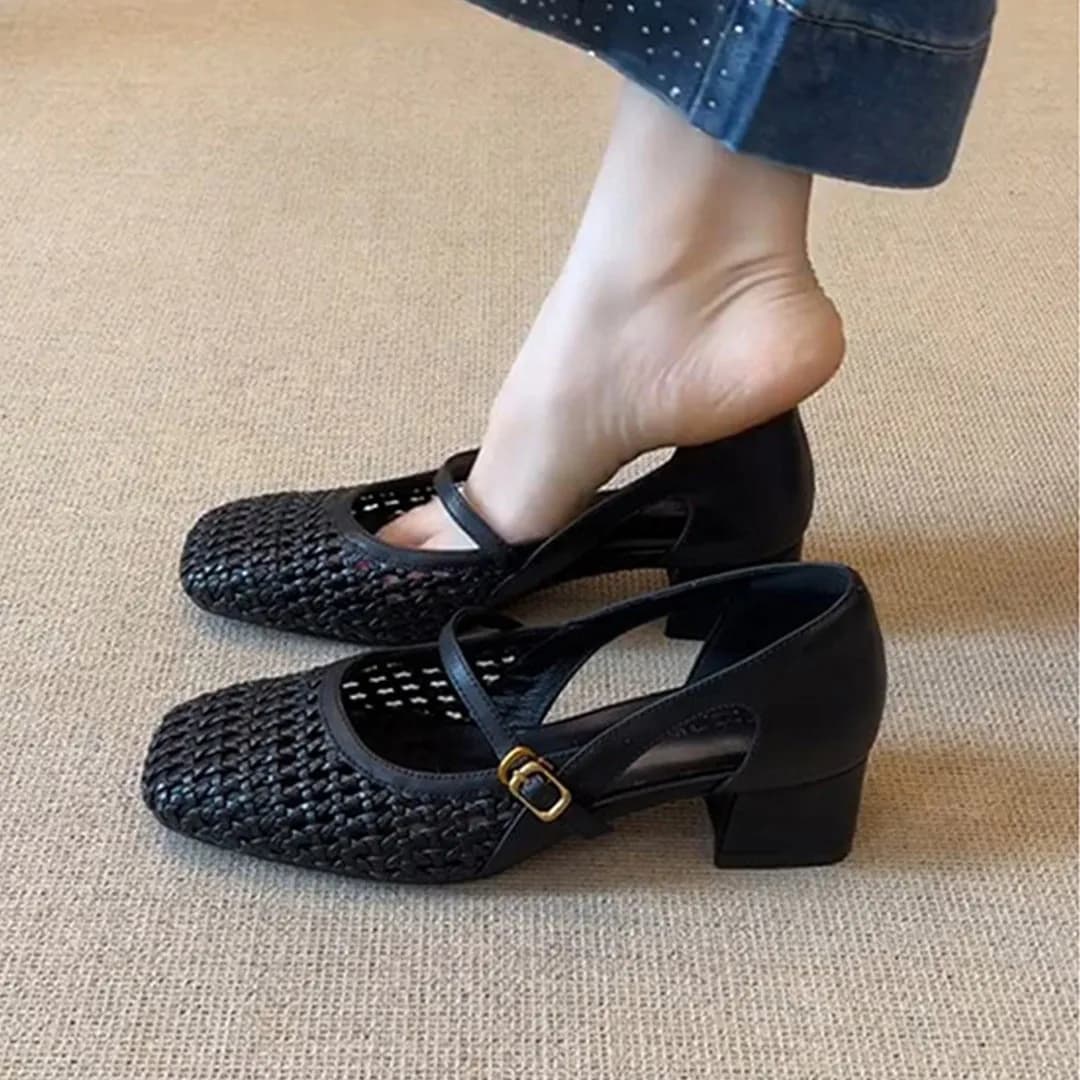 2026 New High Quality Hollow Woven Mary Jane Flats Square Toe Single Strap Buckle Ballet Flat Summer Women Breathable Shoes