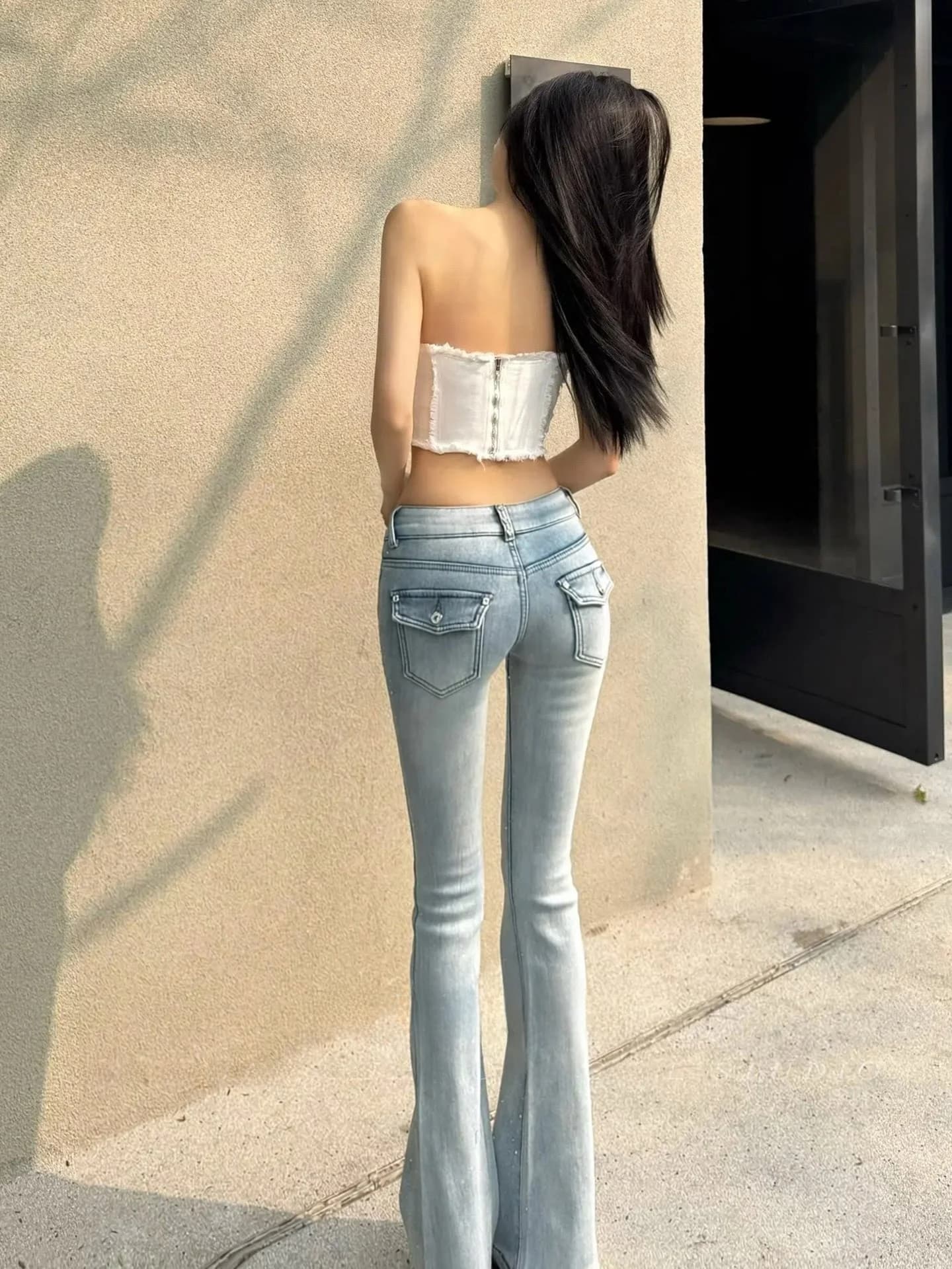 Low Waist Flared Jeans Women's Spring New Style Slim Fit Bell Bottoms Cotton Stretch Denim Blue Color Versatile Fashionable