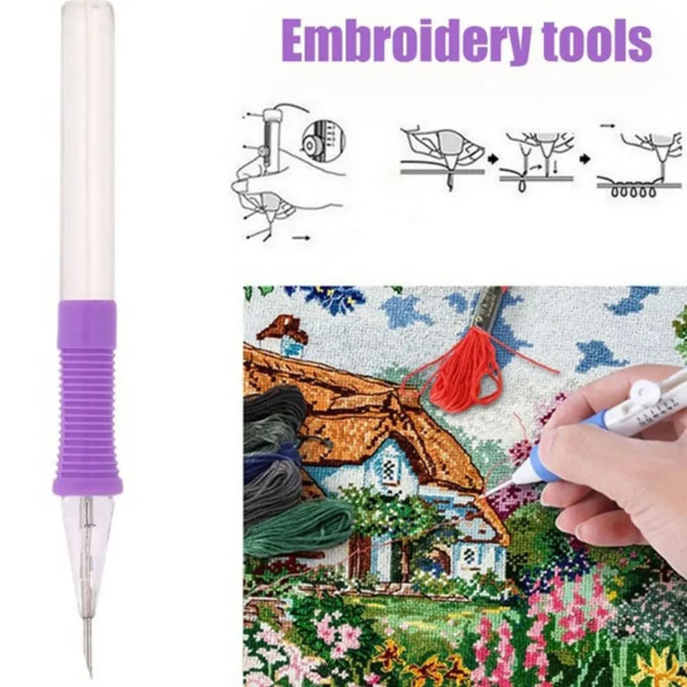 Durable Plastic Punch Cross-Stitch Stitching Needle Embroidery Pen Embroidery Tool Threader Sewing Accessories