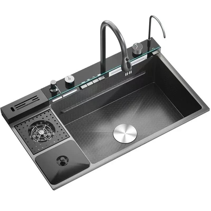 Lavello da cucina grande a vasca singola in acciaio inox 304 con display digitale, cestino, vasca per verdure e lavello per verdure