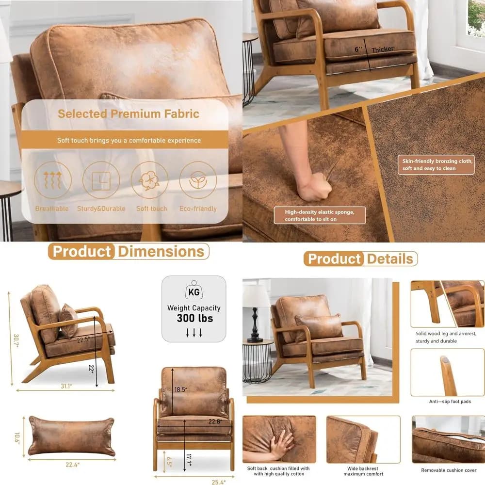 Poltrona Moderna Stile Mid-Century con Cuscino, Comoda Sedia da Lettura per Soggiorno e Camera da Letto