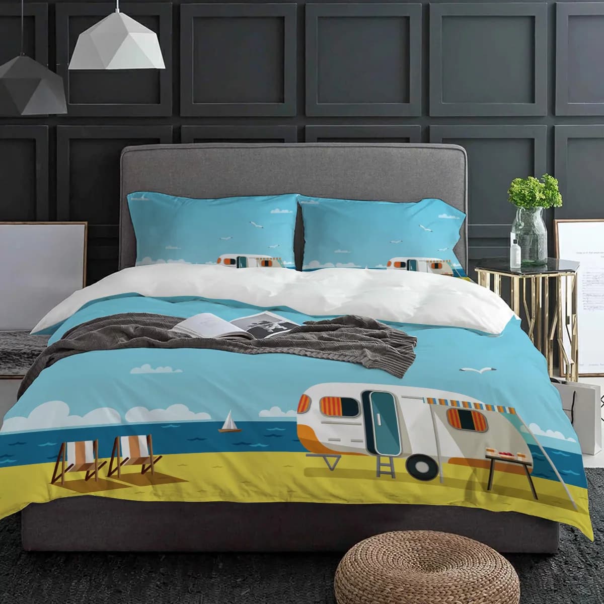 Caravan Sea Beach Chair Gabbiano Cielo blu Set biancheria da letto 3 pezzi Copripiumino Federa Copripiumino Set letto matrimoniale Tessili per la casa