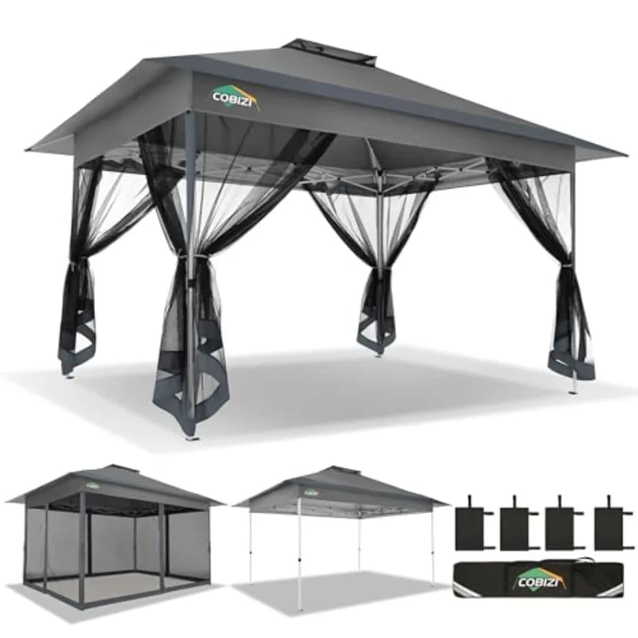 Gazebo Pop-up 10x15 FT Grigio Scuro, Tenda da Esterno per Patio, Giardino, Terrazza, Cortile, Campeggio con Borsa Portatile e Zanzariera