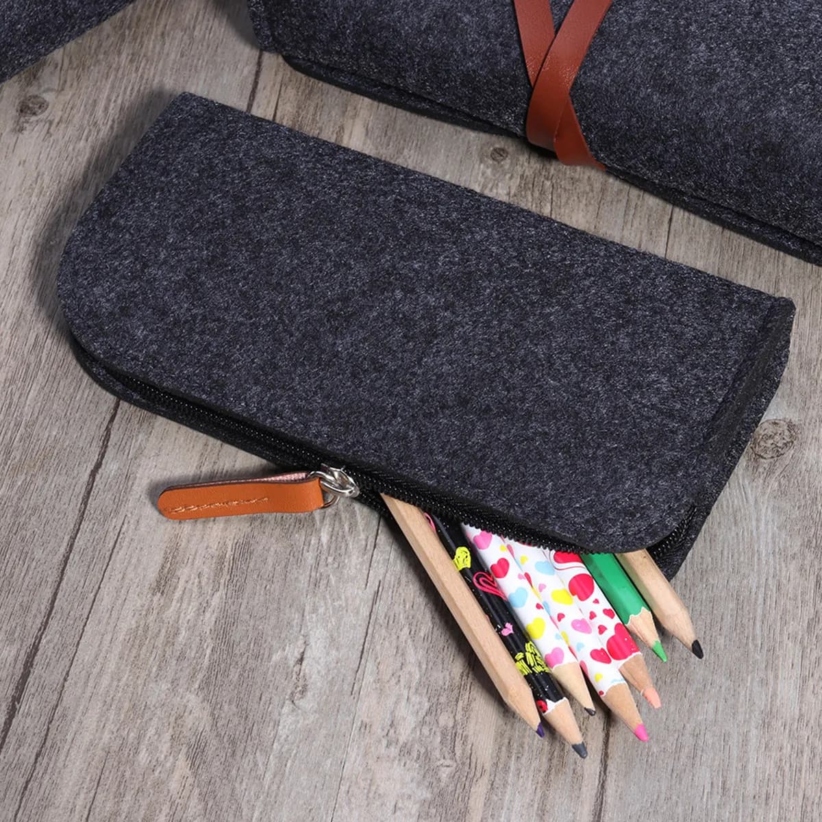 3Pcs Premium Felt Pen Case Set Chic High End Stationery Organizer Multi Use Zipper Pencil Case Pouch Wallet Dark Grey