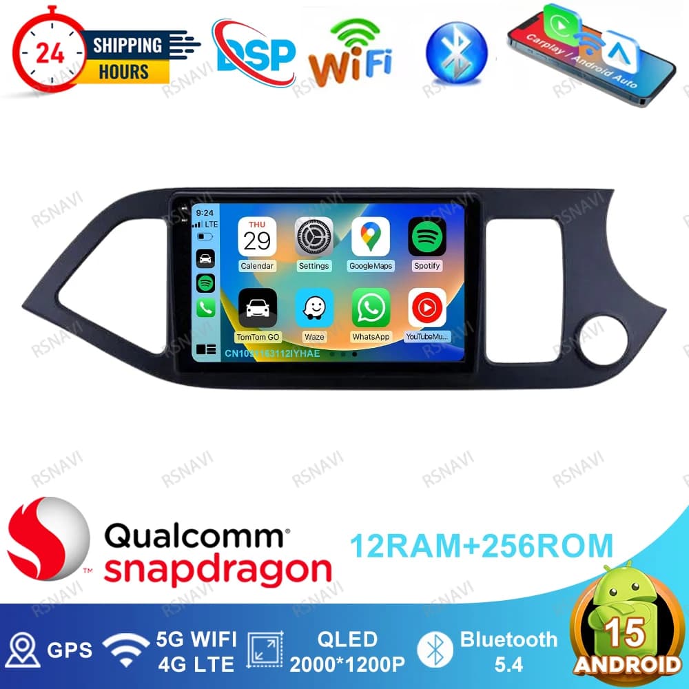 Android 15 Car Radio For KIA PICANTO Morning 2011-2016 Autoradio DSP 5G WIFI Stereo GPS Qualcomm BT Wireless Carplay Auto QLED