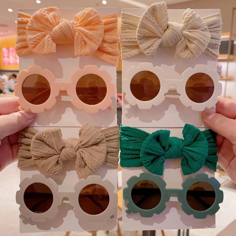 2 Pz/set Ragazzi Ragazze Moda Occhiali Da Sole Girasole Con Bordi Quadrati UV400 Colori Morbido Bowknot Fasce Per Capelli Larghe Set Accessori Per Capelli Per Bambini