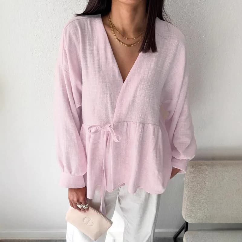 2025 Primavera e autunno Moda europea e americana Cotone e lino Tinta unita Scollo a V Nuova comoda camicia morbida per le donne