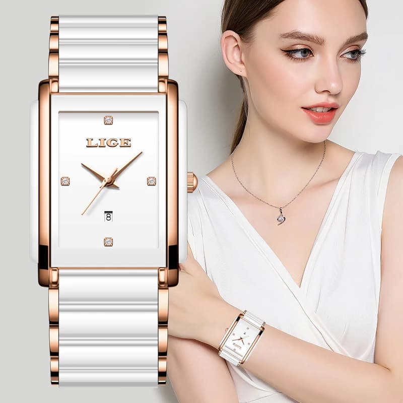 LIGE Women's classic square watches Fashion military sports watch Waterproof women's watch Elegant bracelet Quartz watch for gift
