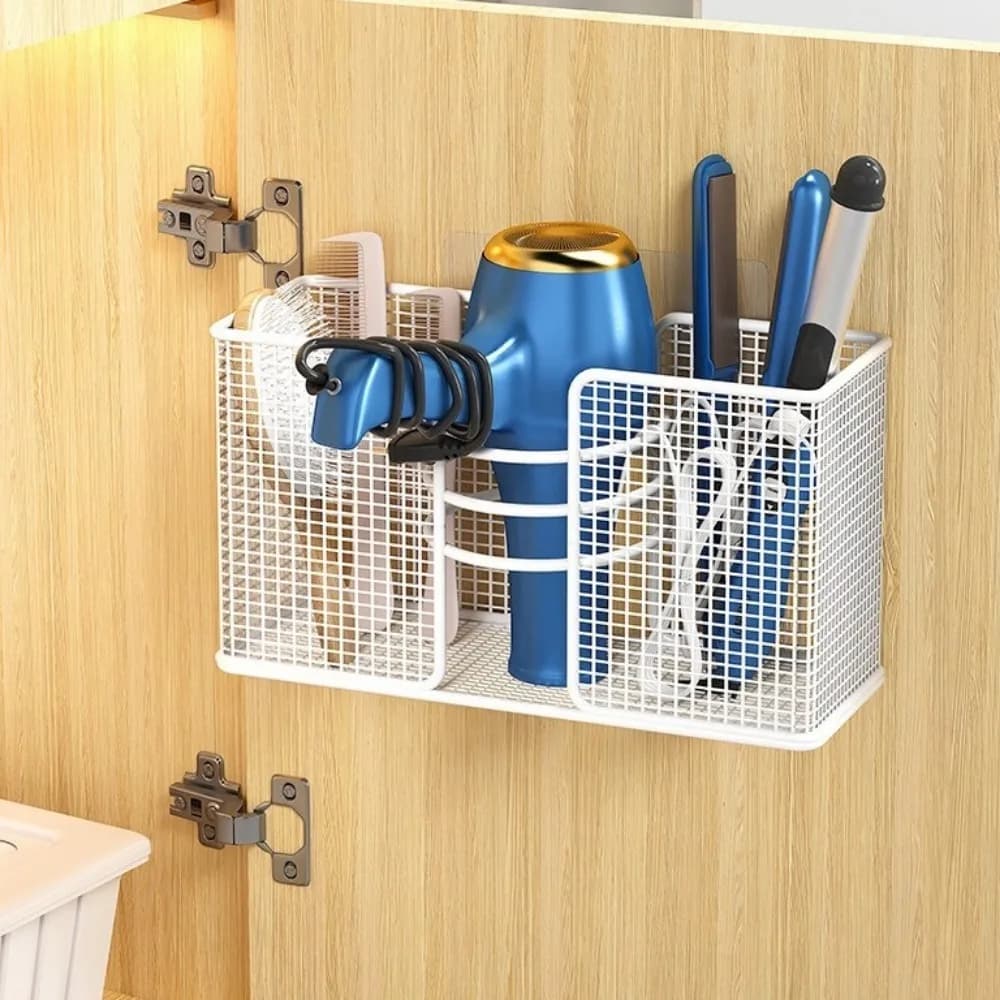 Wall Mounted Hair Dryer Storage Rack Iron No-Drill Comb Curling Storage Rack Large Capacity Space Saving Plastic Wrap Holder