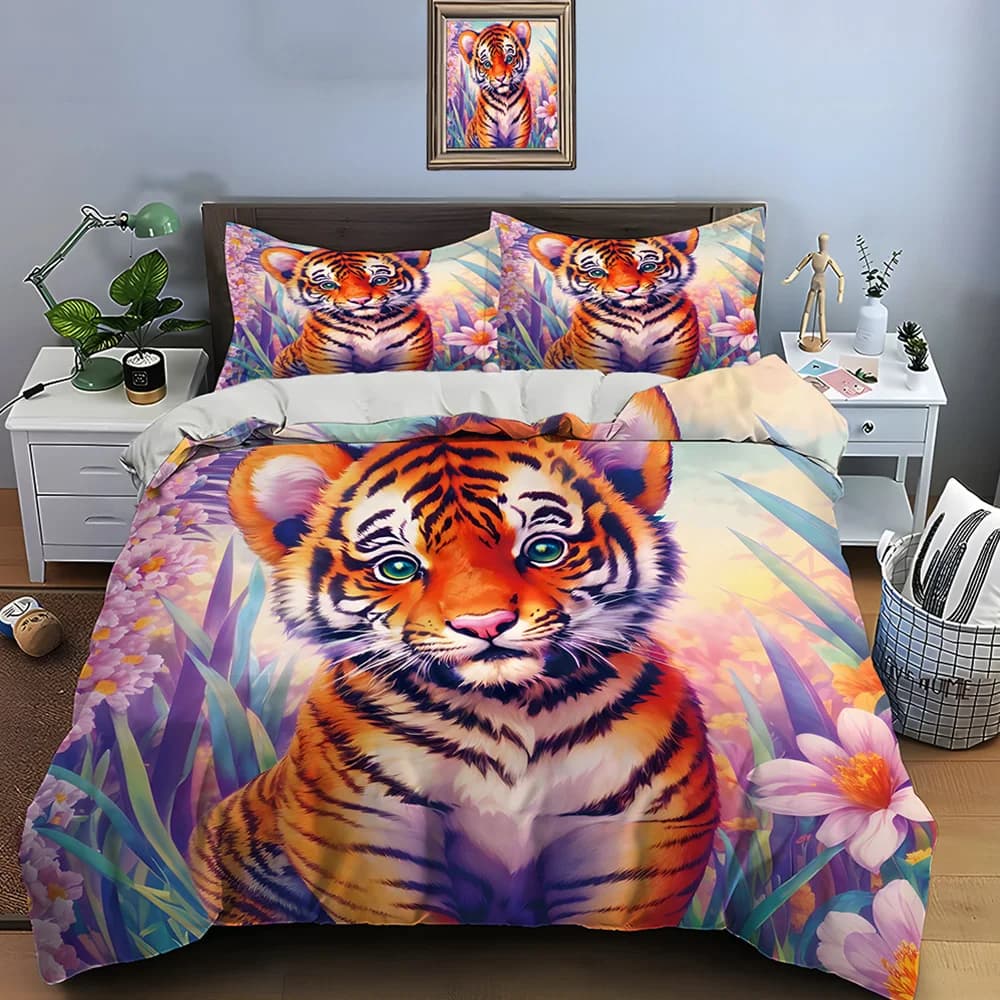 Simpatico cucciolo di tigre in vivaci fiori. Set di biancheria da letto con copripiumino morbido e confortevole, stampato con motivi floreali. Include 1 copripiumino e 2 federe.