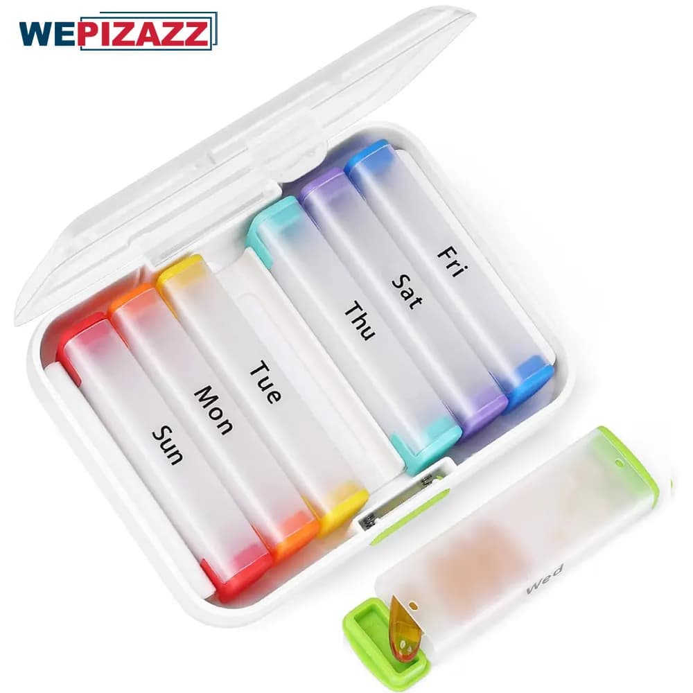 2 times a day, AM PM weekly pill holder with 7 daily pocket cases to contain vitamins, medicines, supplements