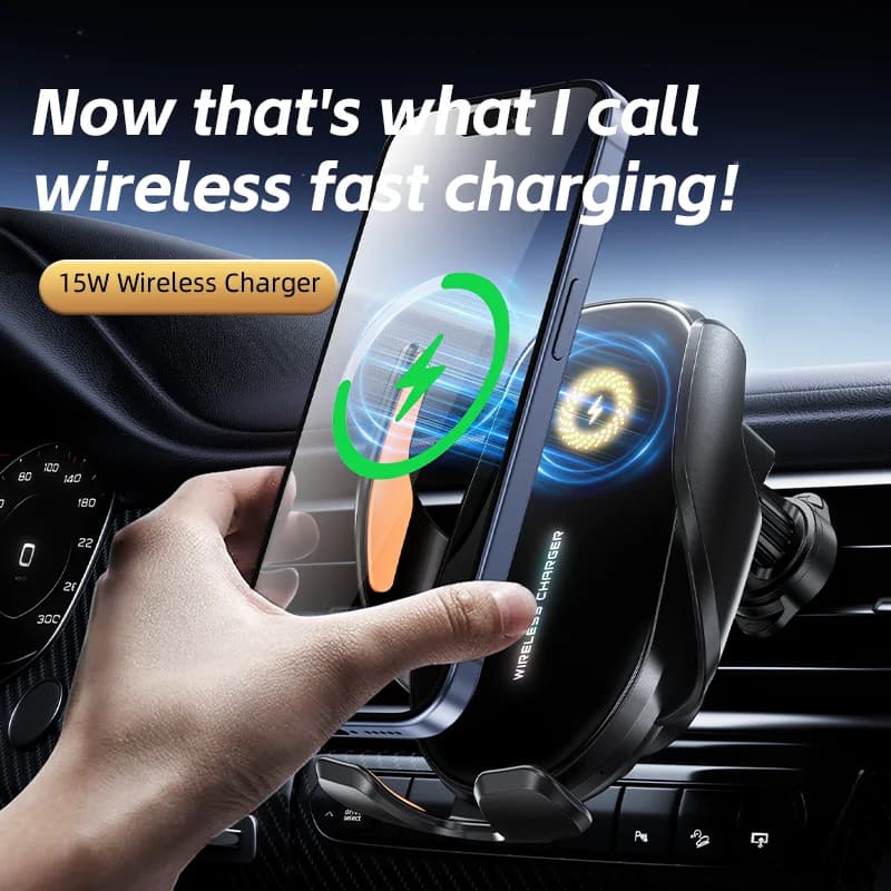 Supporto per telefono wireless per auto Supporto per stazione di ricarica rapida da 66 W Caricatore automatico a induzione a infrarossi per iPhone 15 14 13 12 Samsung Xiaomi