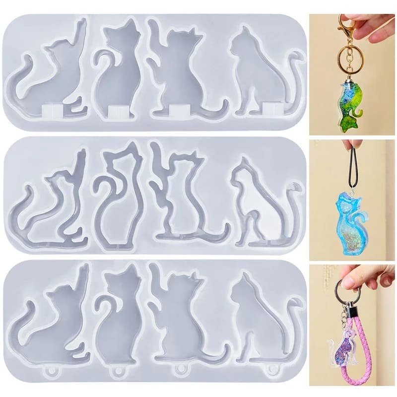 Pendenti portachiavi a forma di gatto fai-da-te Specchio di cristallo Resina epossidica Stampo in silicone Stampo per gatti / Foro per lampada Stampo per gatti Pendenti Artigianato