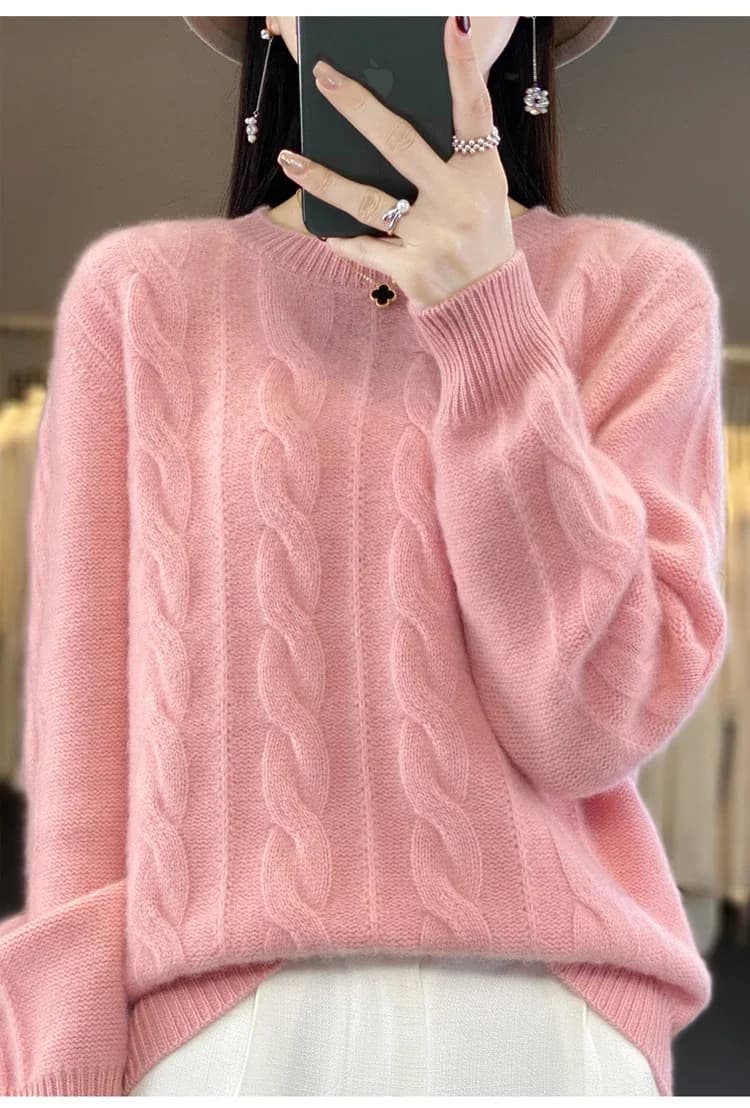 Women's 100% Pure Cashmere Sweater round Neck Twist Thick Loose Long Sleeve Bottoming Shirt for Autumn Winter Comfortable Knitwe