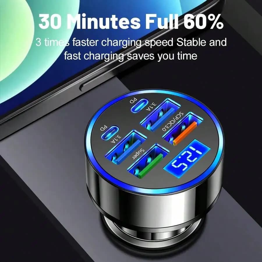 Caricabatterie da auto 100W 6-in-1 a ricarica rapida con display di tensione per iPhone