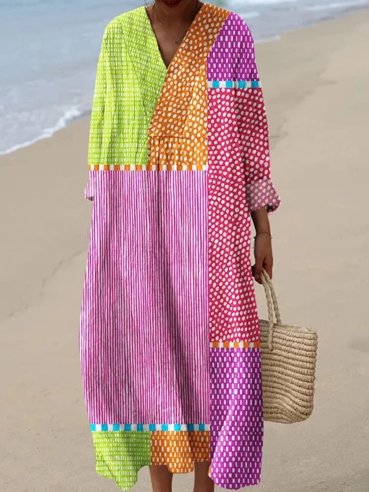 Women's Abstract Polka Dot Stripe Art Print Dress Fashion Long Sleeve V-neck Oversized Vestidos Female Bohemian Chic Robes