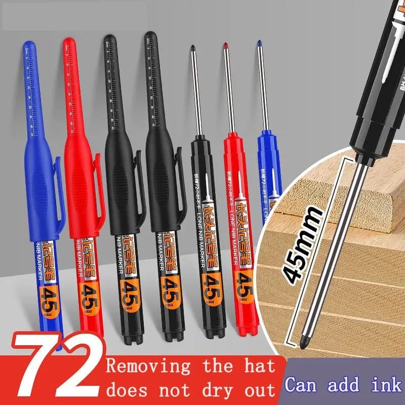 10 long head waterproof pens with 45 mm tip, fast drying ink for wood processing, non-toxic deep hole black red blue