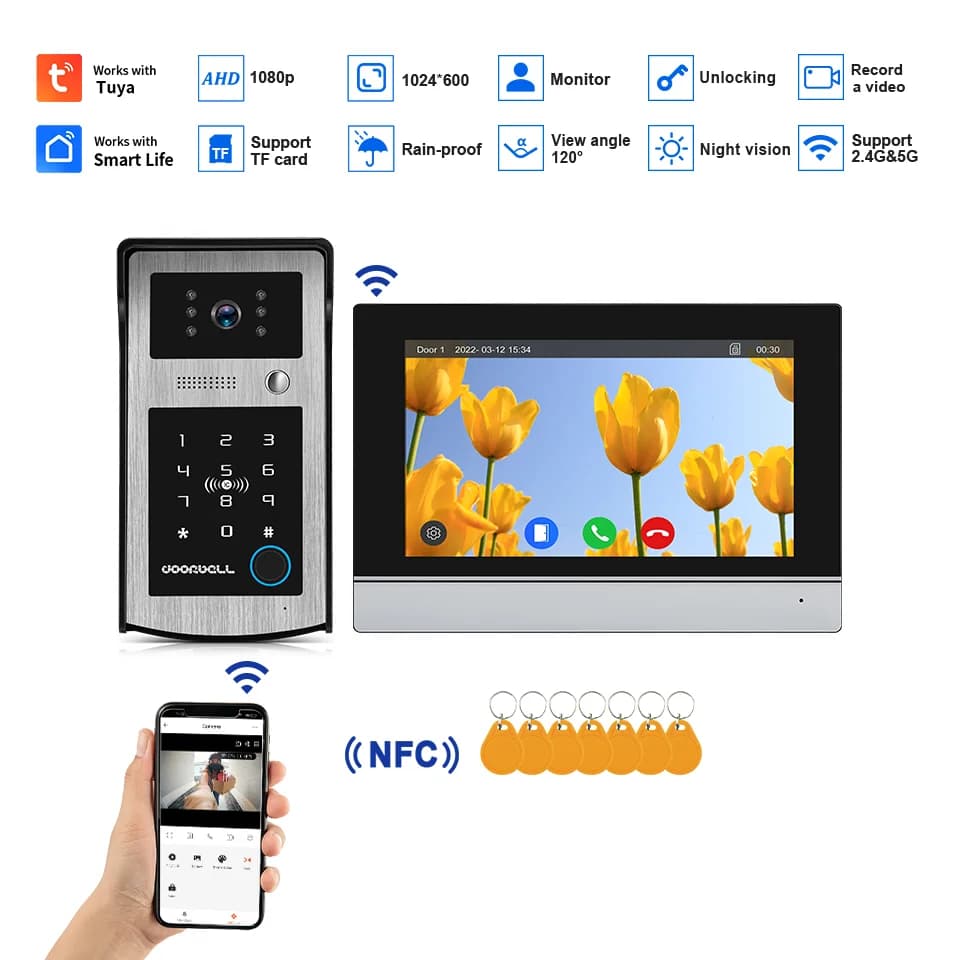 Videocitofono con Schermo IPS da 7 Pollici, App Tuya, 2MP 1080P, RFID/Password, 4 Fili, Telecamera con Registrazione Video