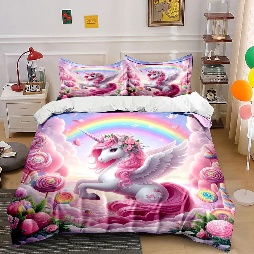 Set di biancheria da letto con copripiumino morbido e confortevole Unicorn Candyland Fantasy, include 1 copripiumino e 2 federe, regalo